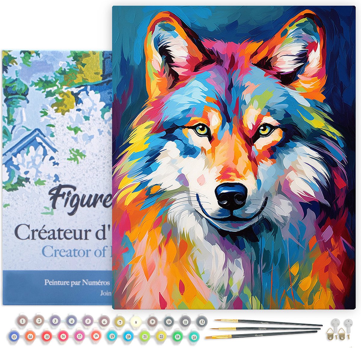 FiguredArt Schilderen op Nummer Volwassenen met lijst Kleurrijke Abstracte Wolf- Handwerk acrylverf Kit DIY Compleet - 40x50cm Canvas al ingelijst